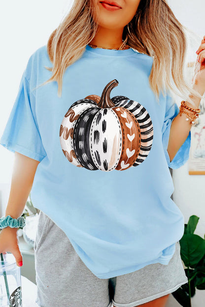 Light Blue Pumpkin Print Graphic T-Shirt