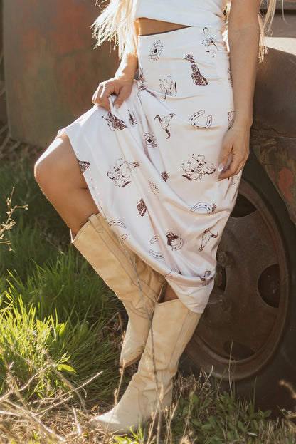 Navy Blue Western Print Satin Long Skirt