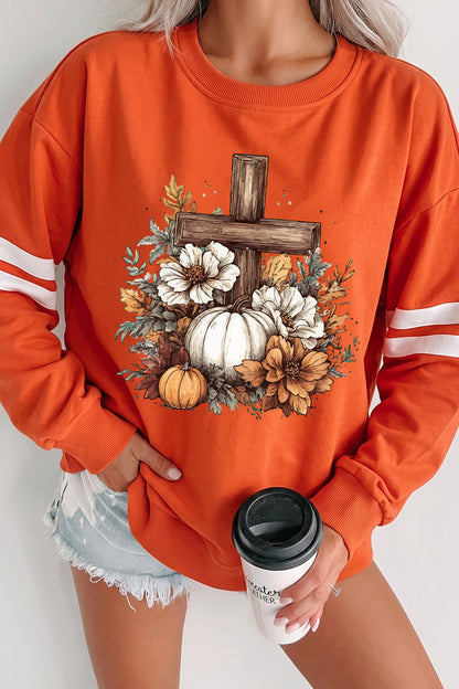 Orange Floral Pumpkin Cross Print Banded Sleeve Graphic Sweatshirt