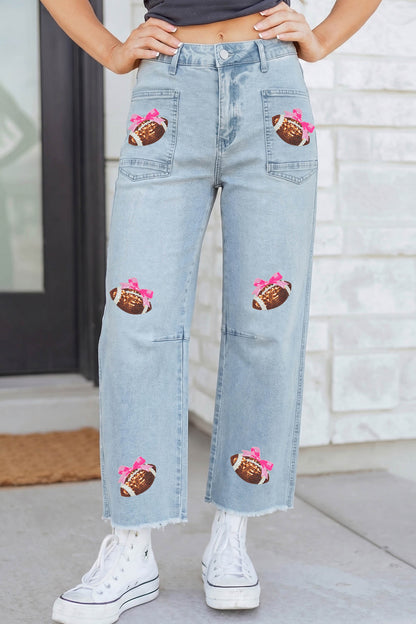 Beau Blue Sequin Bow Football Patches Raw Cut Ankle Length Jeans