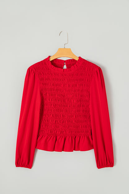 Jet Stream Solid Color Smocked Ruffle Hem Long Sleeve Blouse