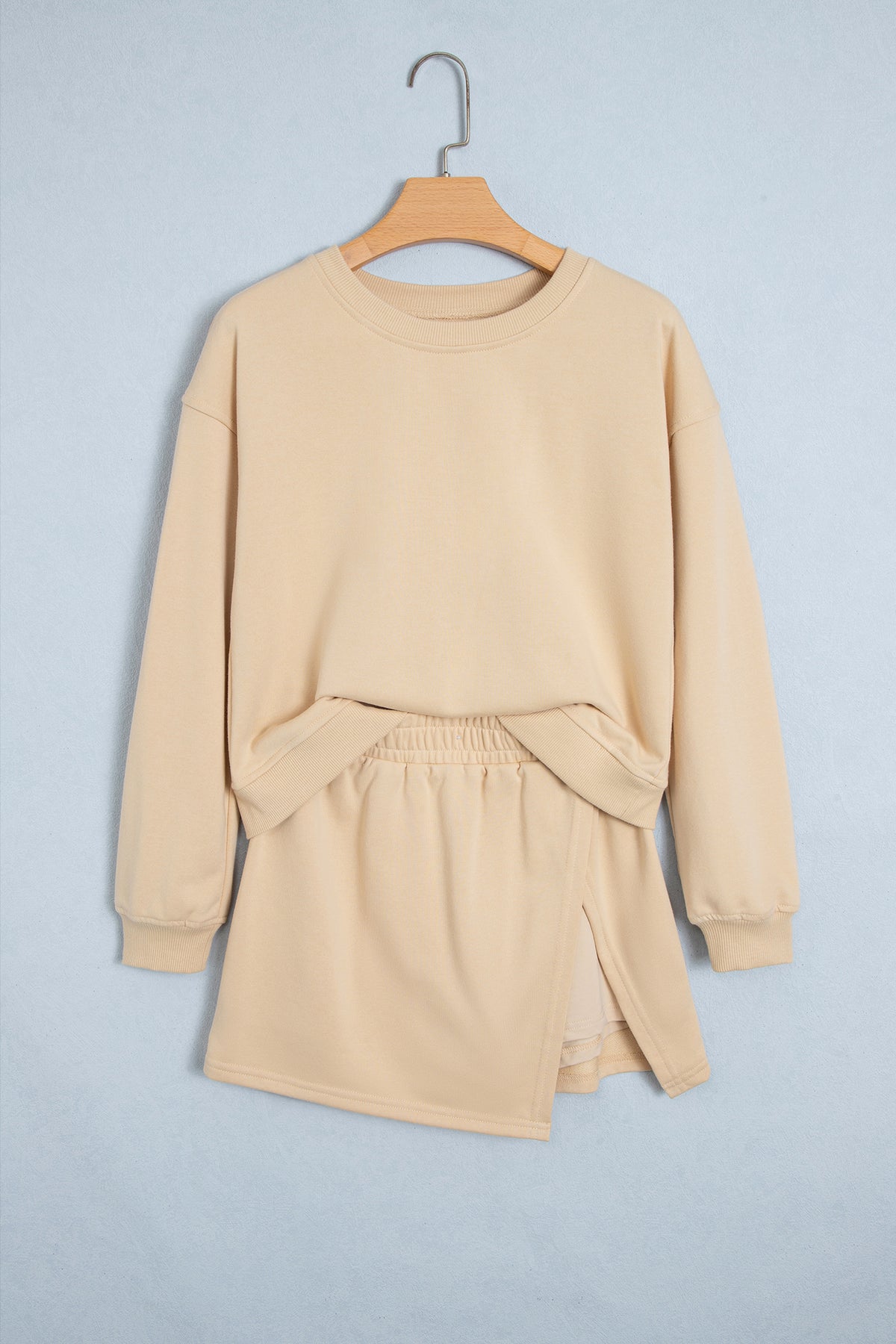 Solid Color Long Sleeve Top Split Skort 2pcs Outfit