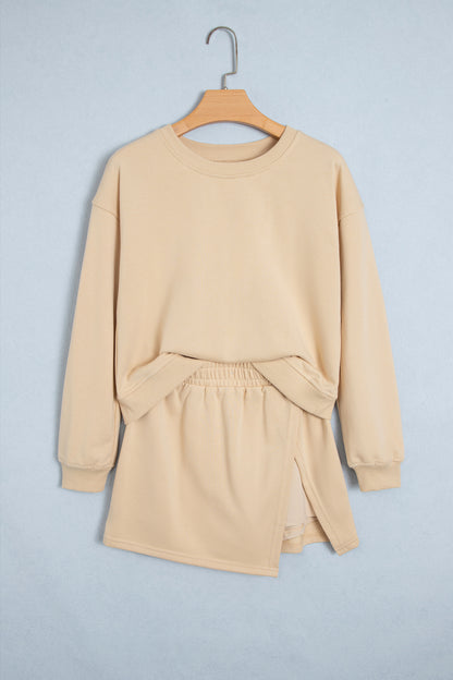 Solid Color Long Sleeve Top Split Skort 2pcs Outfit