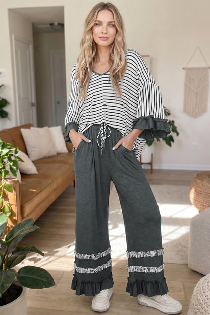 Stripe V Neck Ruffle Contrast Sleeve Top Drawstring Pants 2pcs Set