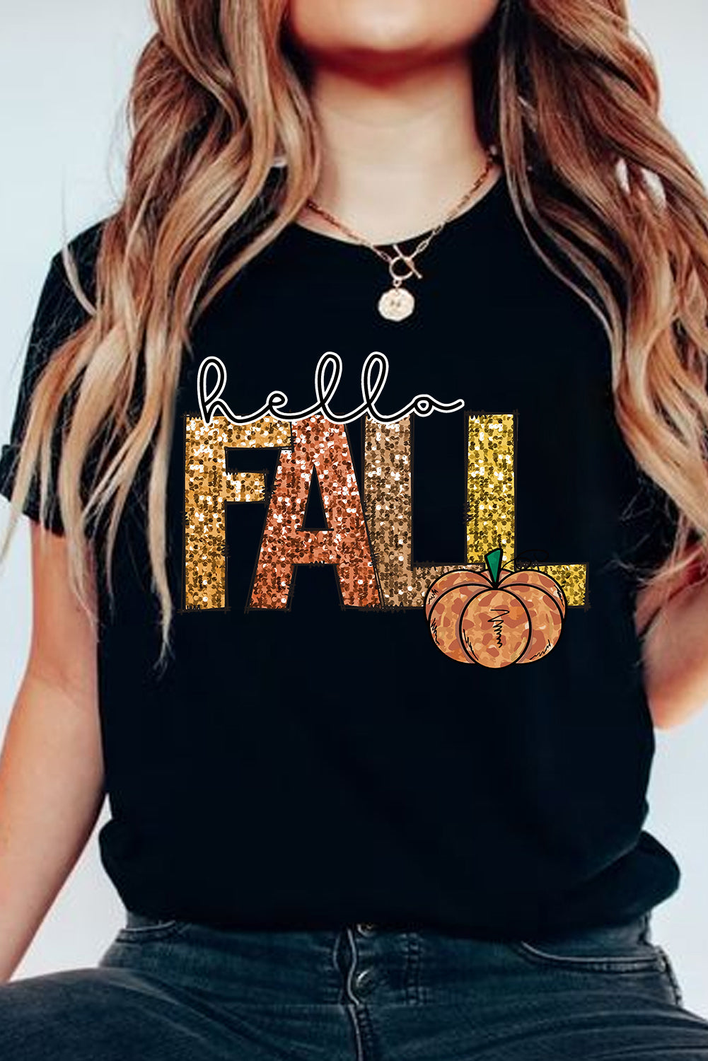Black Hello Fall Letter Pumpkin Printed T Shirt