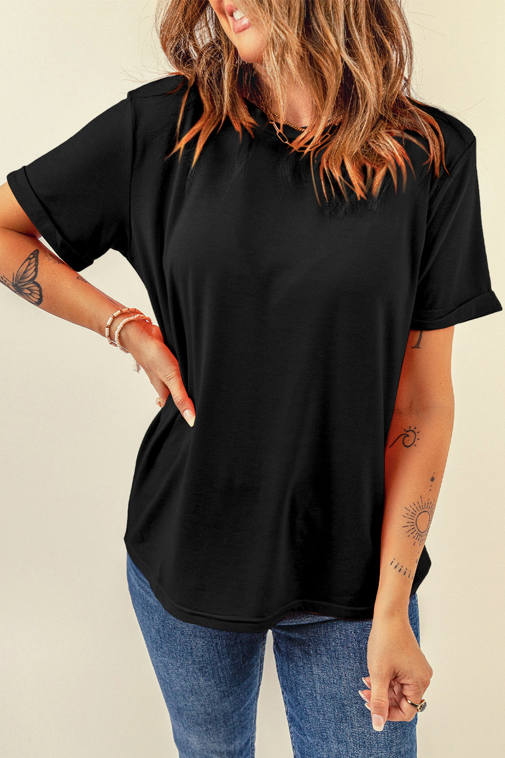 Orange Casual Plain Crew Neck Tee