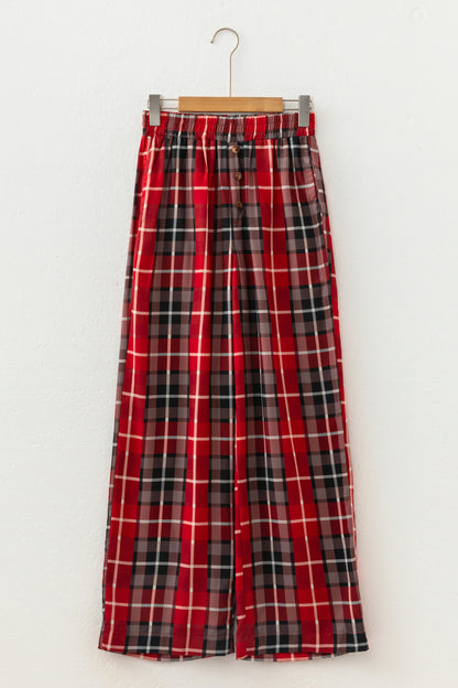 Red Plaid Elastic Waist Pocket Regular Full-Length Pants