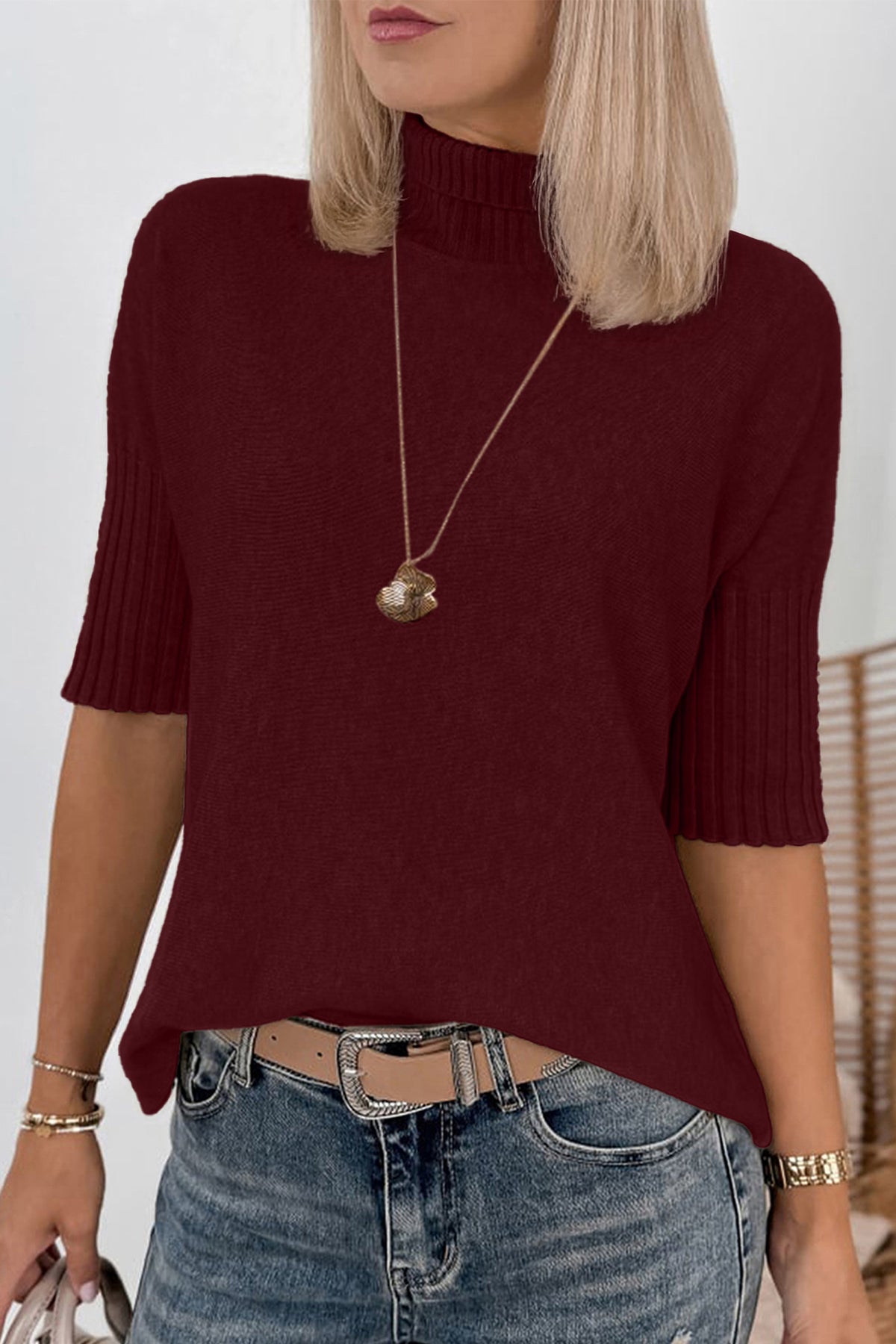 Ribbed Trim High Neck Short Sleeve Casual Sweater