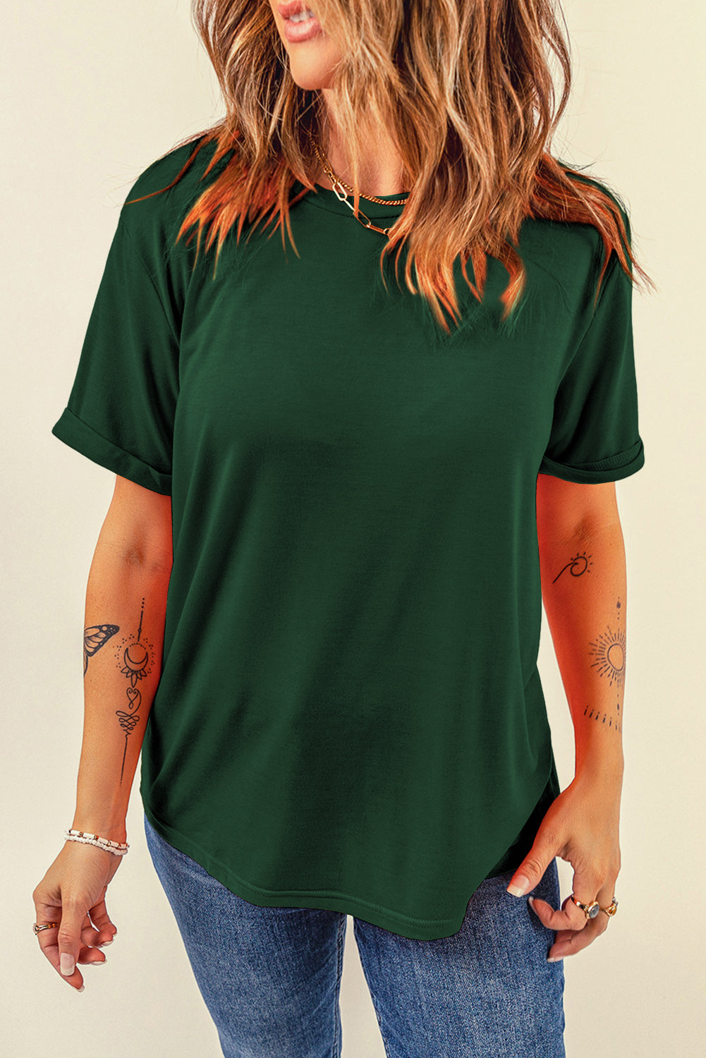 Orange Casual Plain Crew Neck Tee