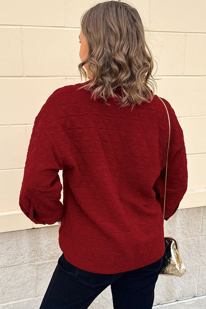 Racing Red Solid Round Neck Tunic Adjustable Cuffs Shift Plus Size Blouse