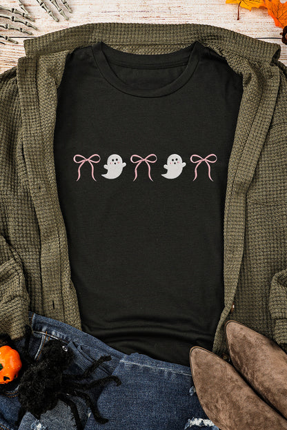 Black Halloween Ghost Bow Embroidered Loose T Shirt