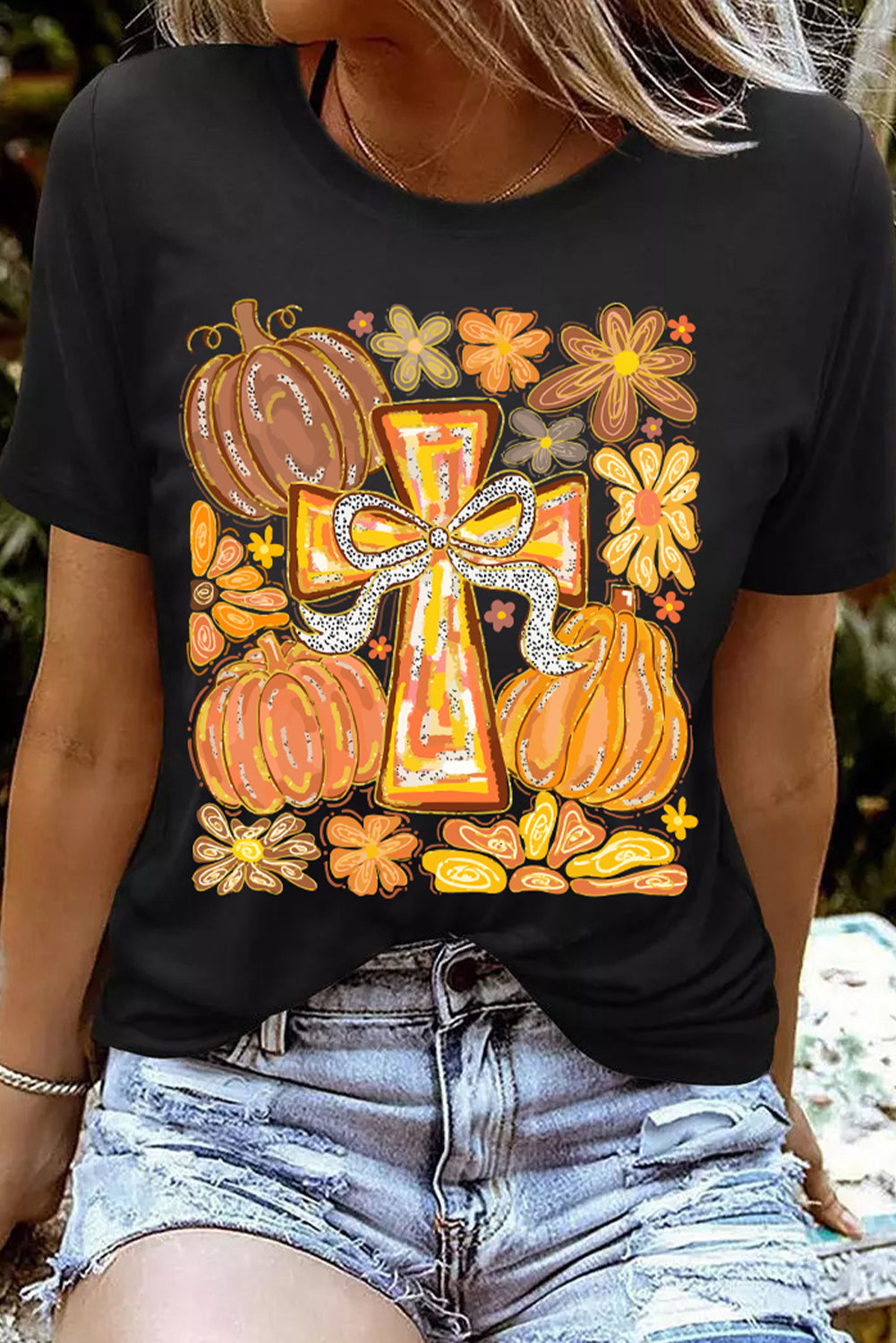 Black Cross Pumpkin Graphic Cotton Blend Tee