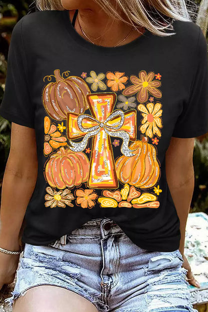 Black Cross Pumpkin Graphic Cotton Blend Tee
