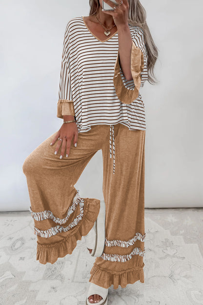 Stripe V Neck Ruffle Contrast Sleeve Top Drawstring Pants 2pcs Set