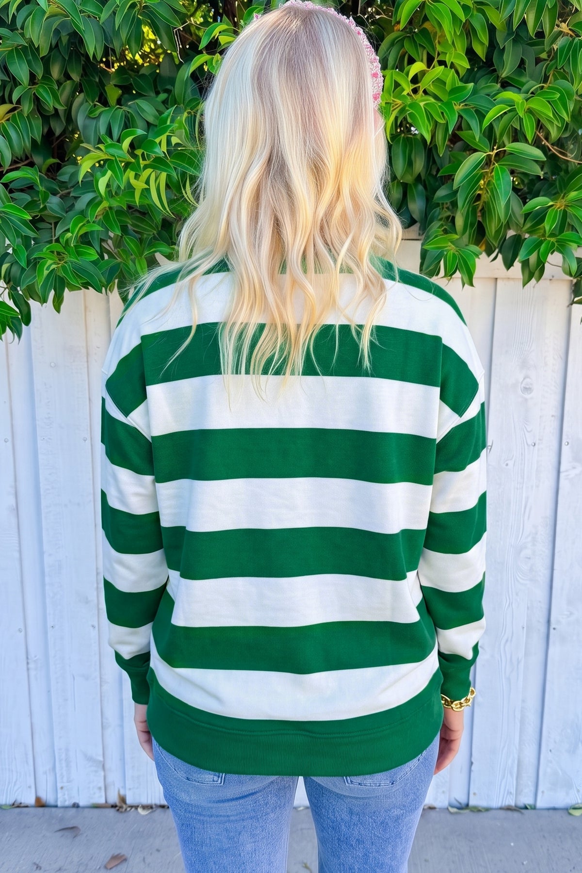 Stripe holly jolly Letter Embroidered Pullover Sweatshirt