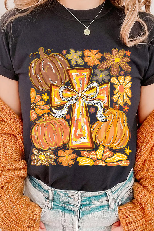 Black Cross Pumpkin Graphic Cotton Blend Tee