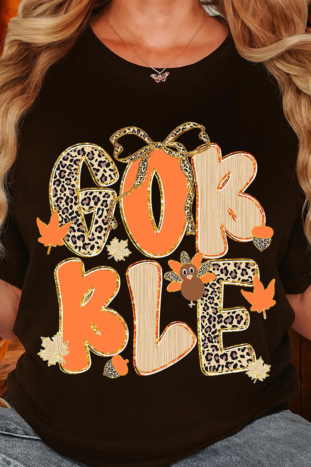 Black GOBBLE Leopard Letter Print Turkey Bow Graphic T Shirt