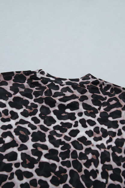 Khaki Leopard Print Sheer Mesh Short Sleeve Top