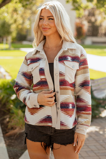 Multicolour Western Aztec Ribbed Patchwork Double Flap Pocket Raw Hem Shacket