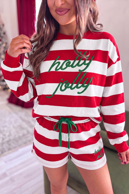 Stripe Holly Jolly Embroidery Pullover Long Sleeve Two Piece Shorts Set