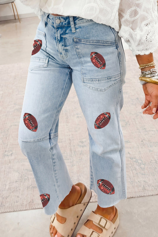Beau Blue Sequin Football Pattern Raw Hem Casual Jeans