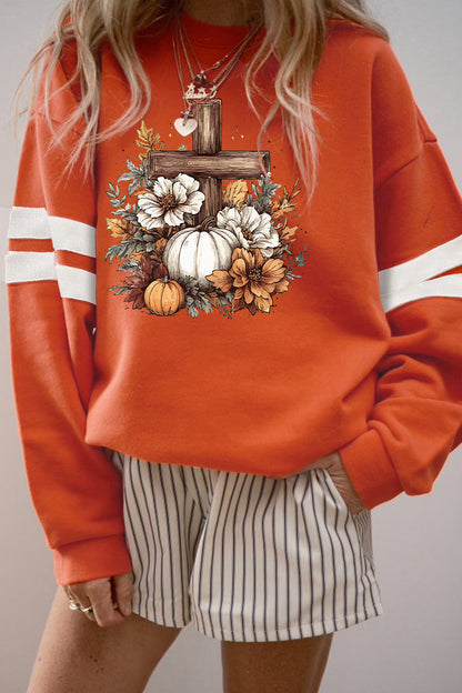 Orange Floral Pumpkin Cross Print Banded Sleeve Graphic Sweatshirt