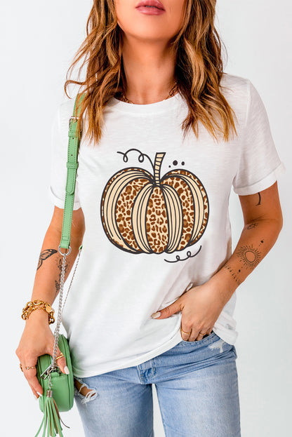 White Leopard Pumpkin Graphic Crewneck T Shirt