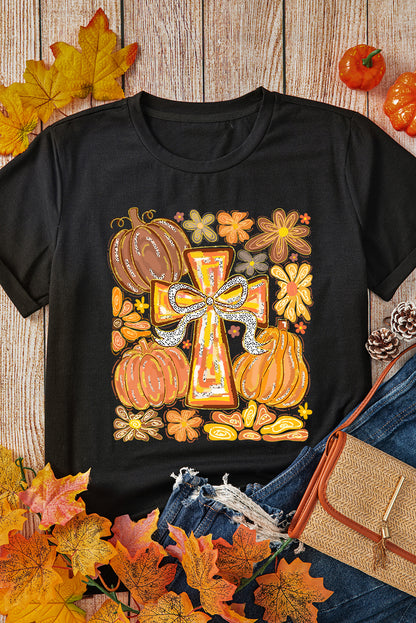 Black Cross Pumpkin Graphic Cotton Blend Tee