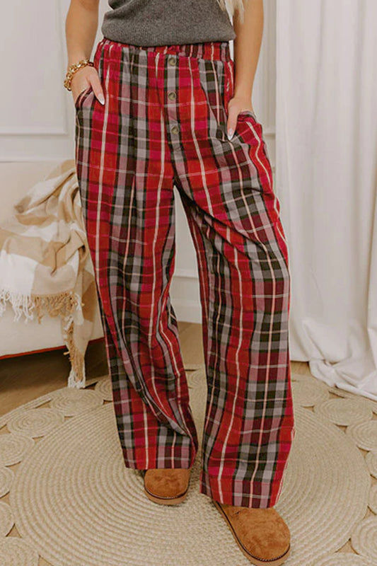 Red Plaid Elastic Waist Pocket Regular Full-Length Pants