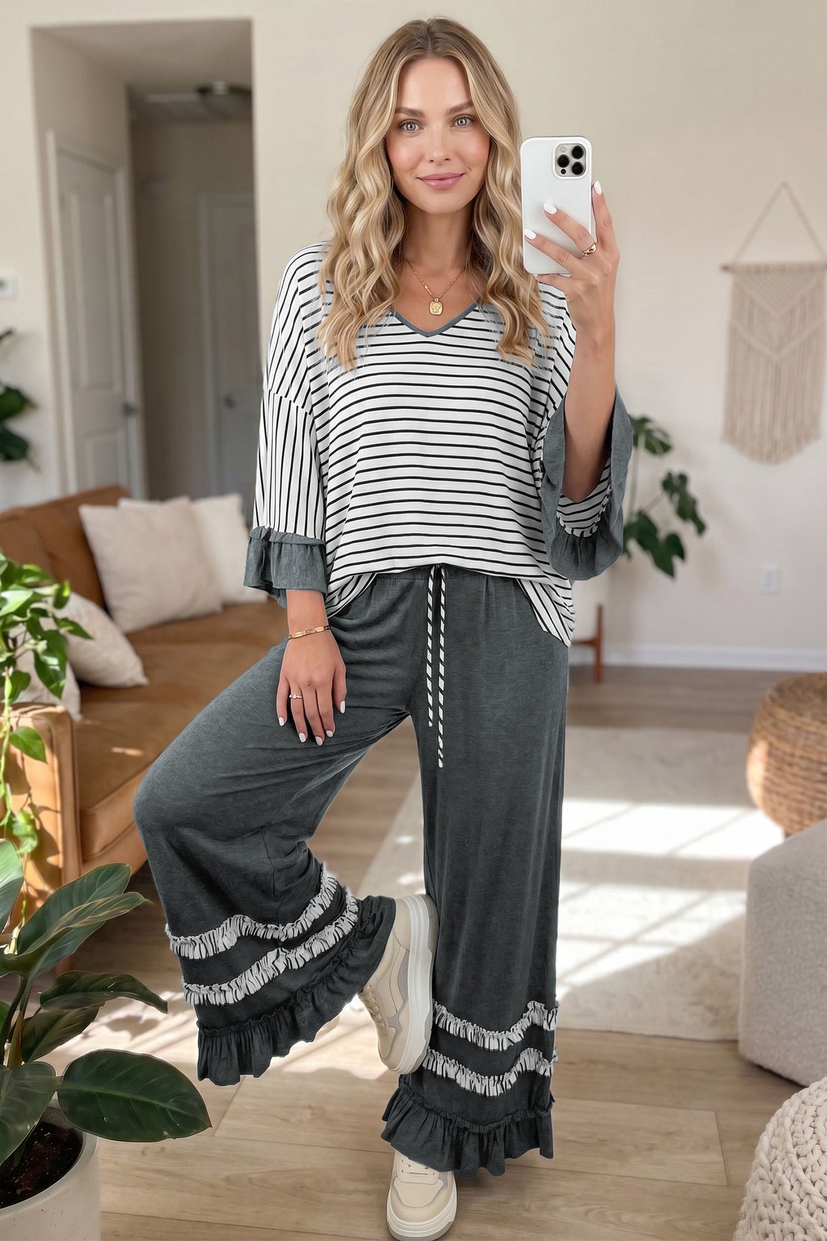 Stripe V Neck Ruffle Contrast Sleeve Top Drawstring Pants 2pcs Set