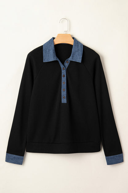Black Textured Knit Denim Patchwork Button Polo Collar Long Sleeve Top