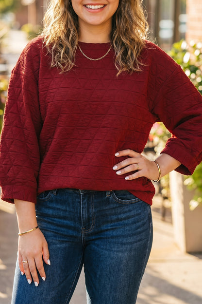 Racing Red Solid Round Neck Tunic Adjustable Cuffs Shift Plus Size Blouse