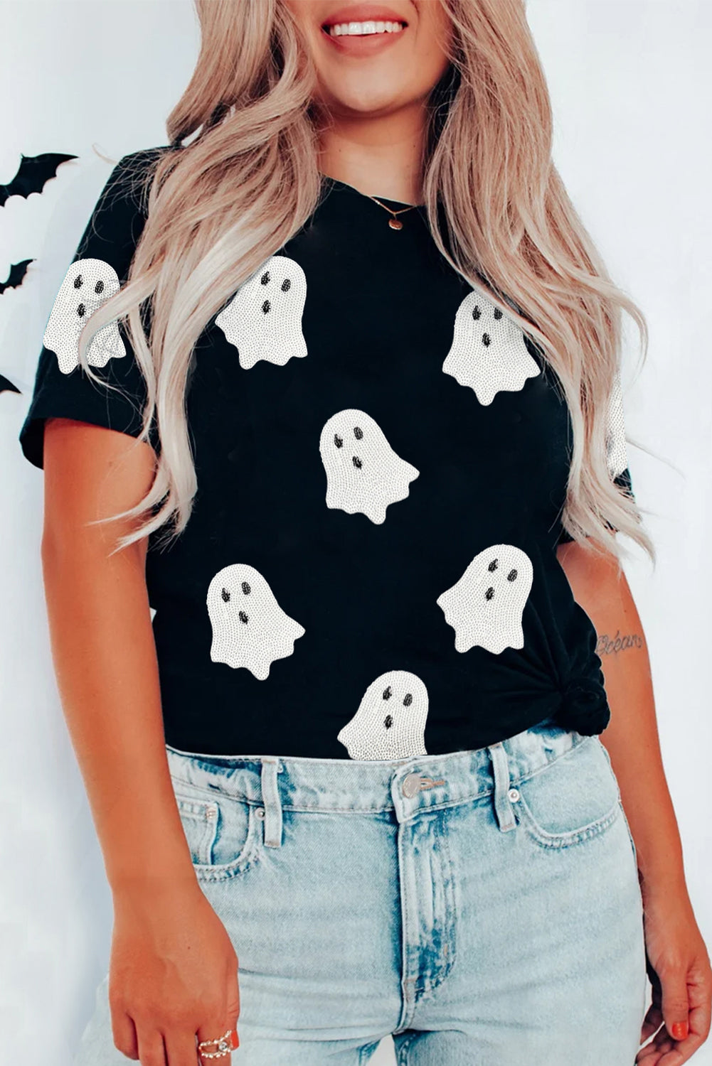 Sachet Sequin Halloween Ghost Patched Casual T Shirt