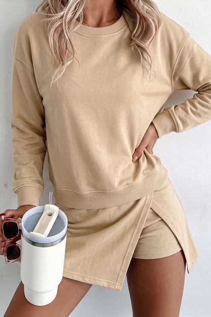Solid Color Long Sleeve Top Split Skort 2pcs Outfit