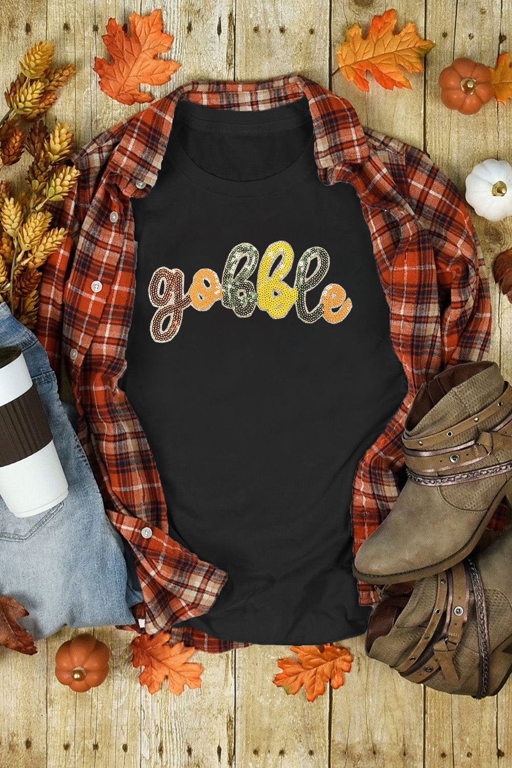 Black gobble Sequin Letter Graphic Thanksgiving T Shirt