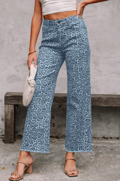 Brown Leopard Frayed Edge Wide Leg High Waist Jeans