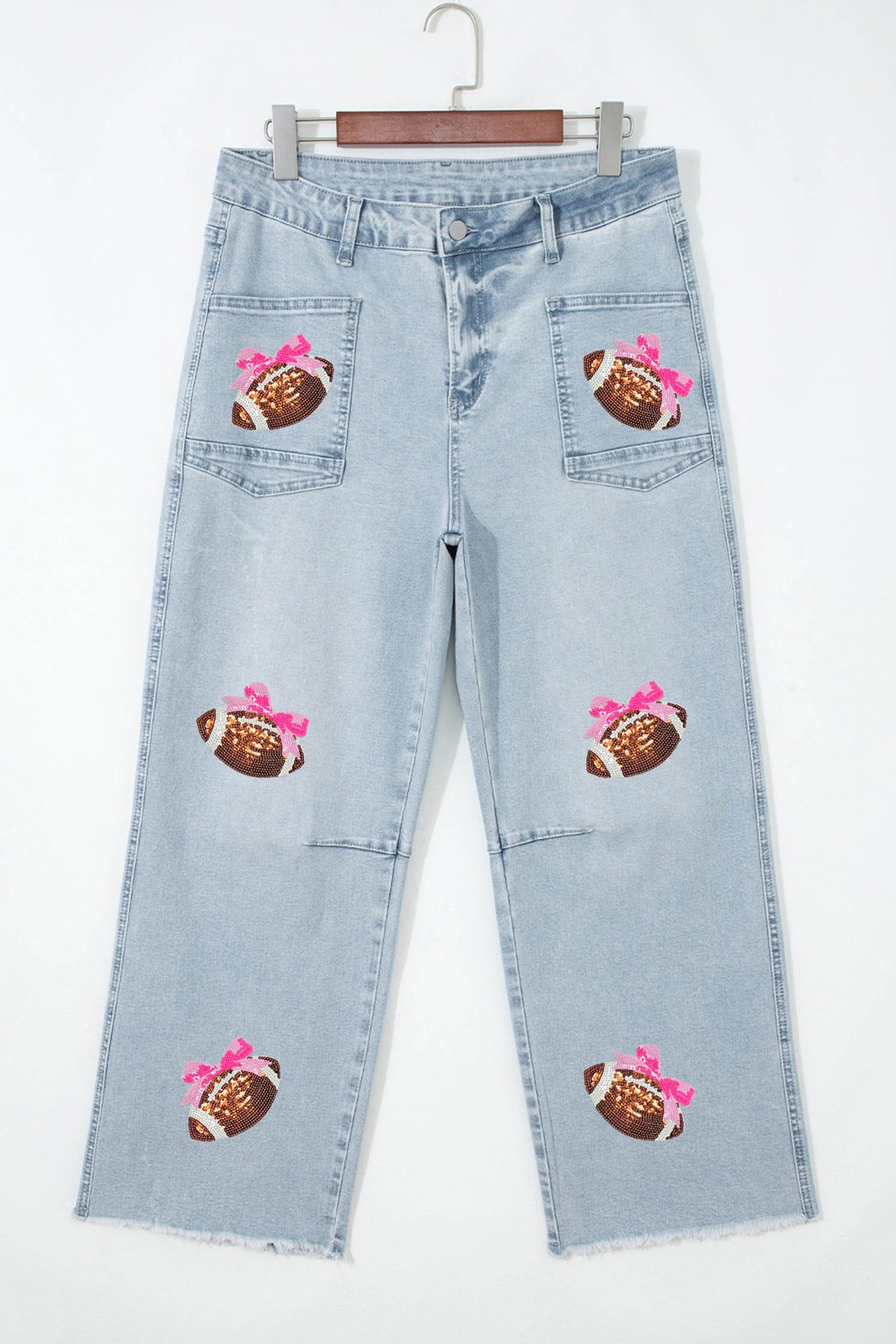 Beau Blue Sequin Bow Football Patches Raw Cut Ankle Length Jeans