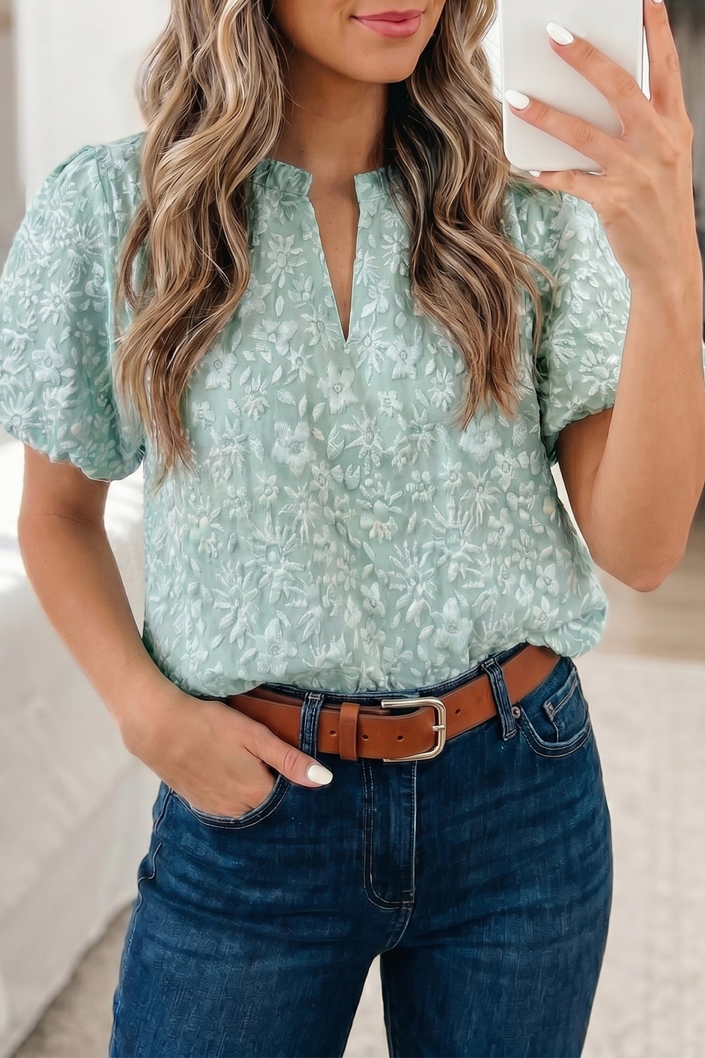 Apricot Pink Floral Textured Jacquard Puff Sleeve Blouse