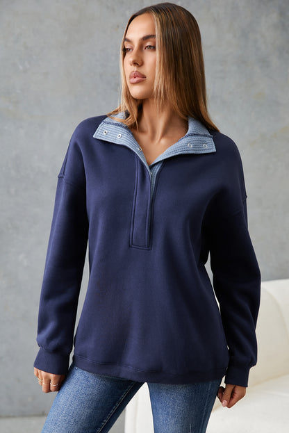 Blue Drop Shoulder Metal Button Casual Pullover Sweatshirt