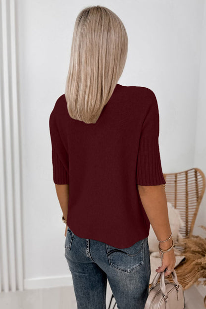 Ribbed Trim High Neck Short Sleeve Casual Sweater