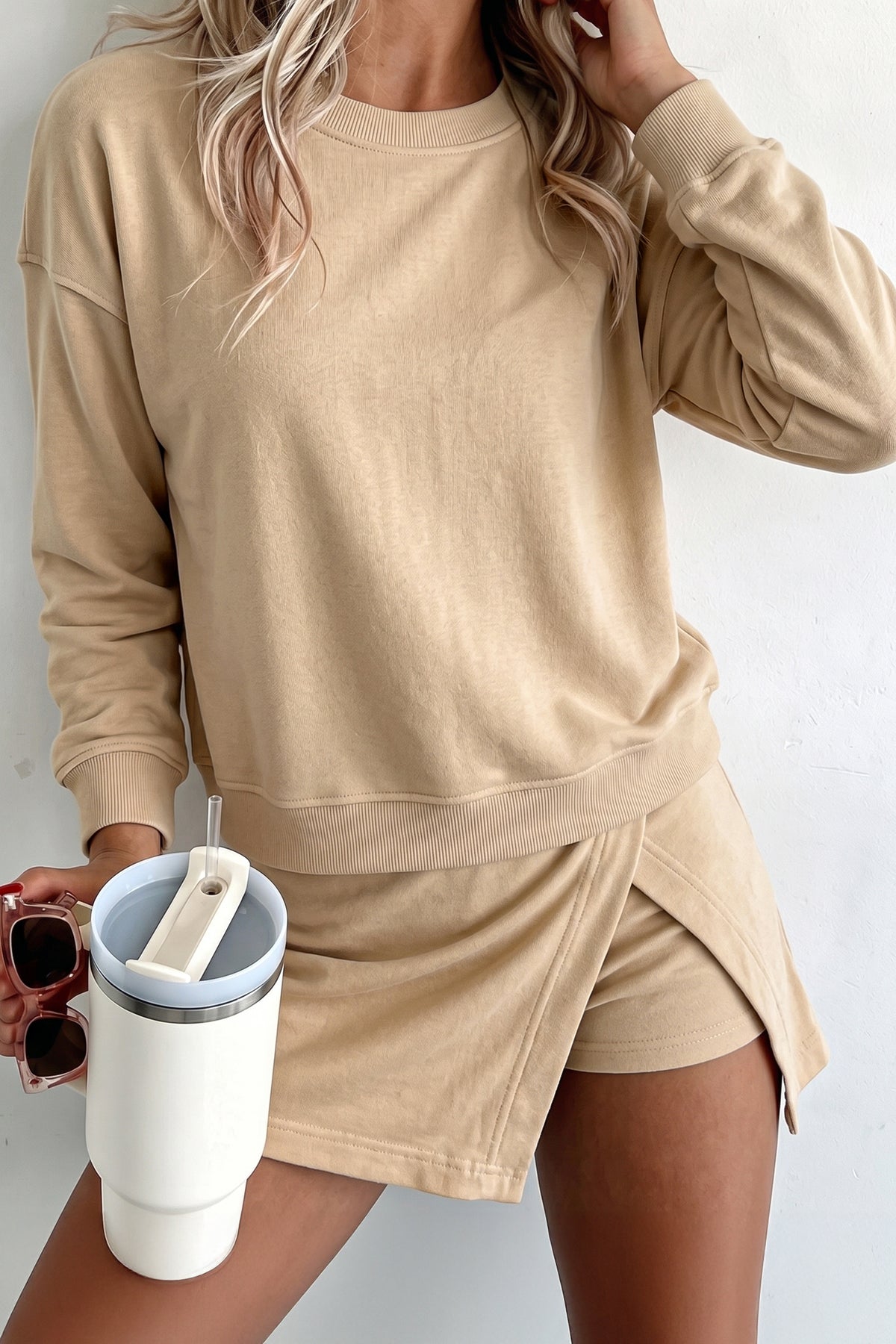 Solid Color Long Sleeve Top Split Skort 2pcs Outfit