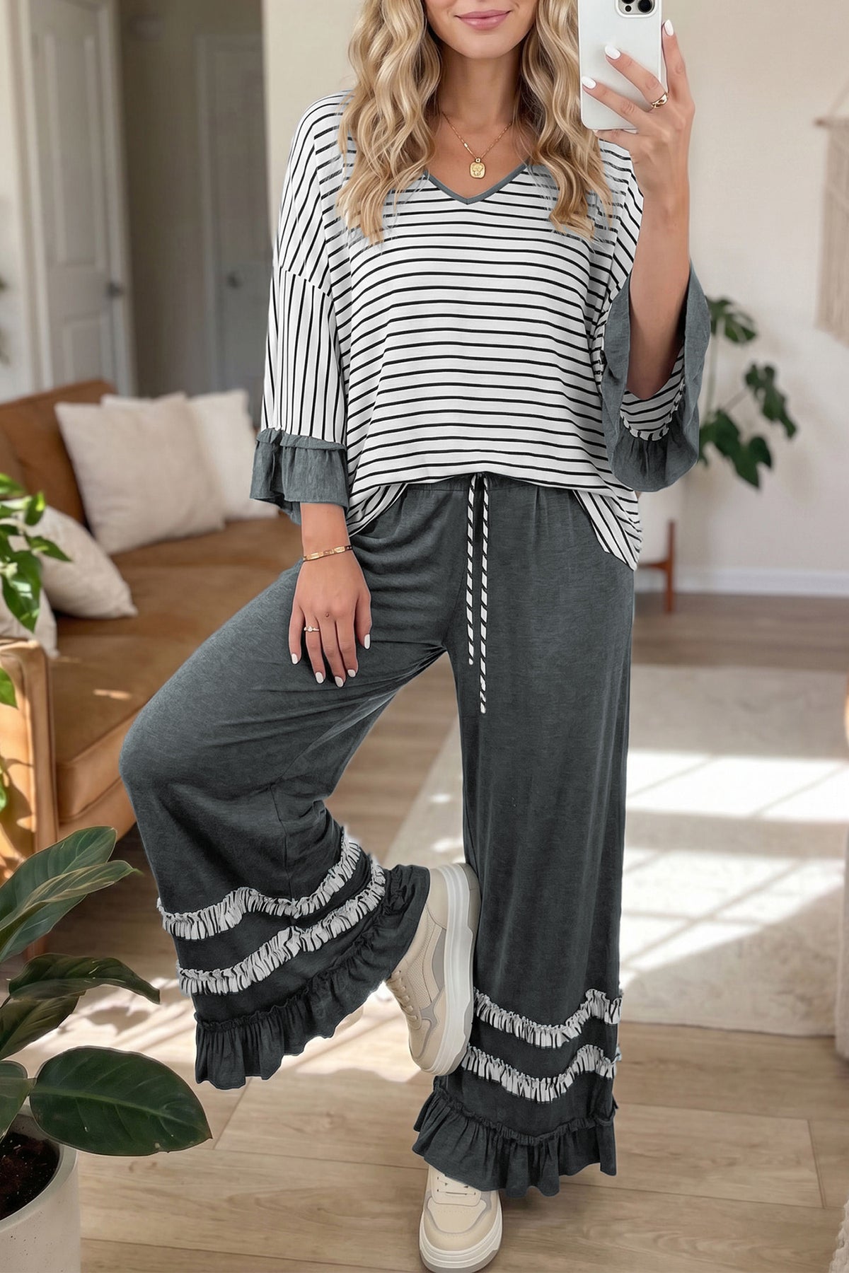 Stripe V Neck Ruffle Contrast Sleeve Top Drawstring Pants 2pcs Set