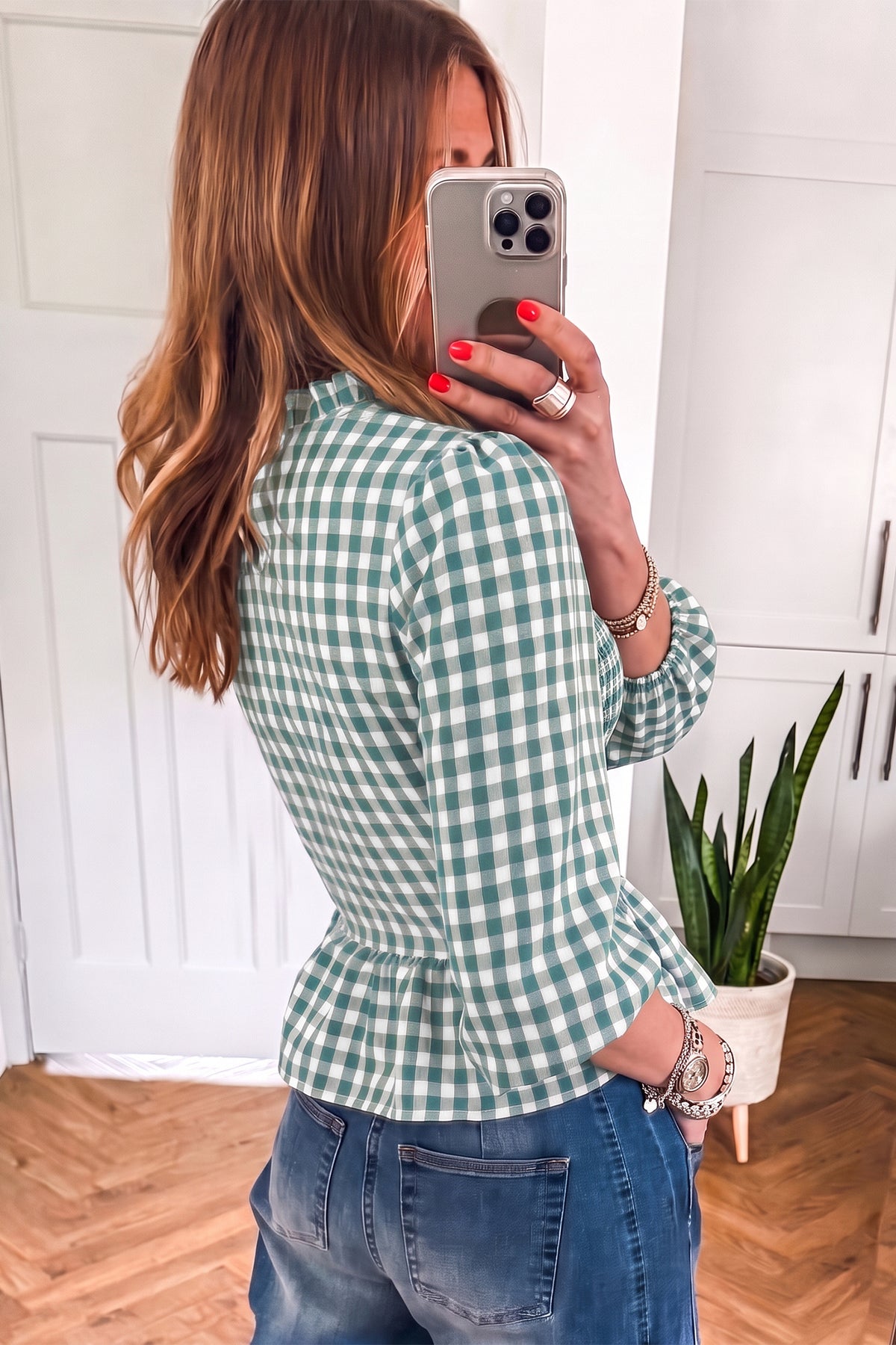 Ruched 3/4 Sleeve Shirred Plaid Peplum Top
