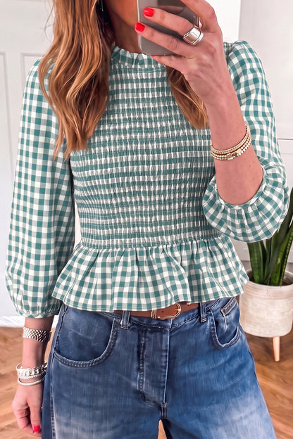 Ruched 3/4 Sleeve Shirred Plaid Peplum Top