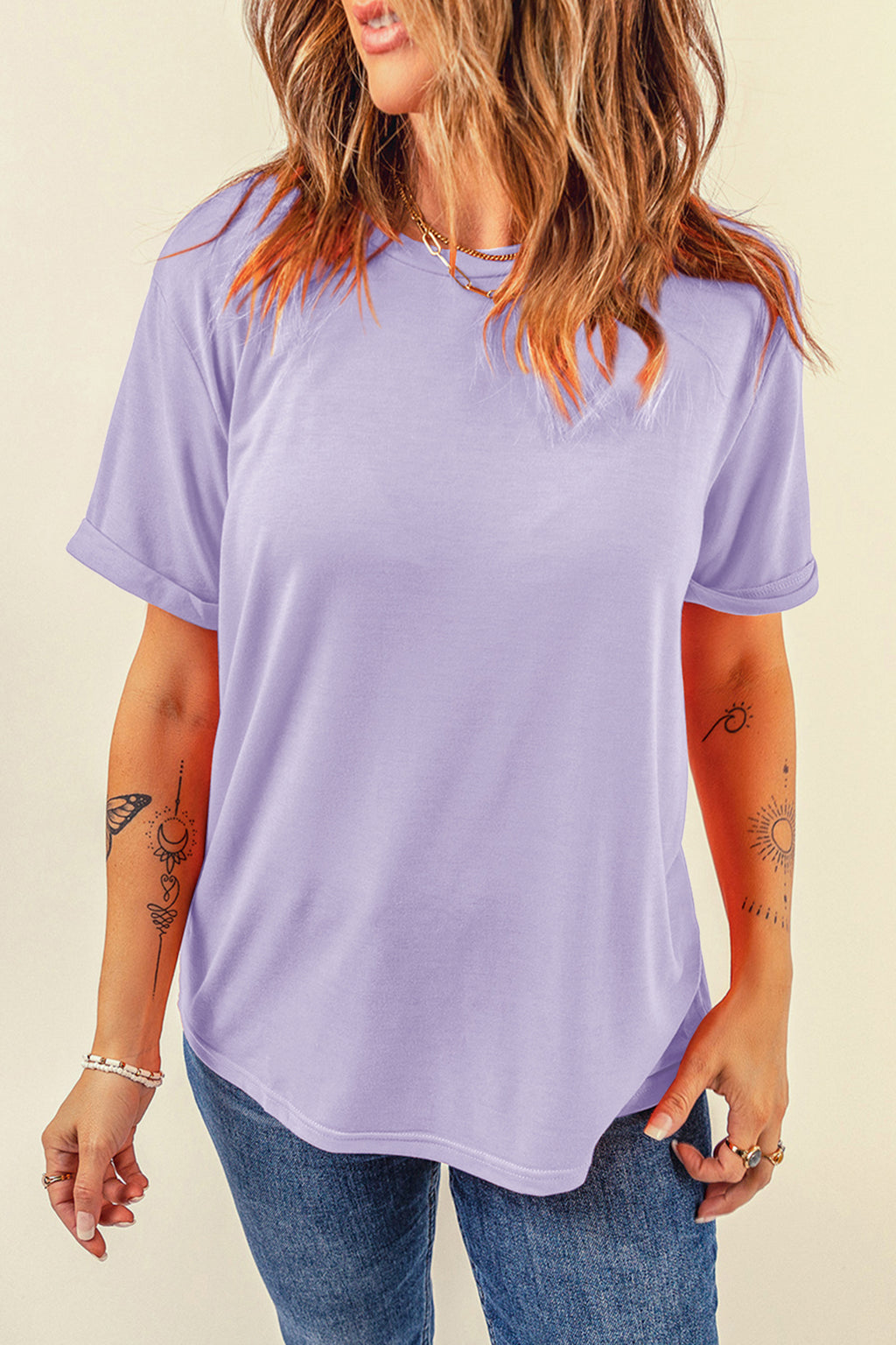 Orange Casual Plain Crew Neck Tee