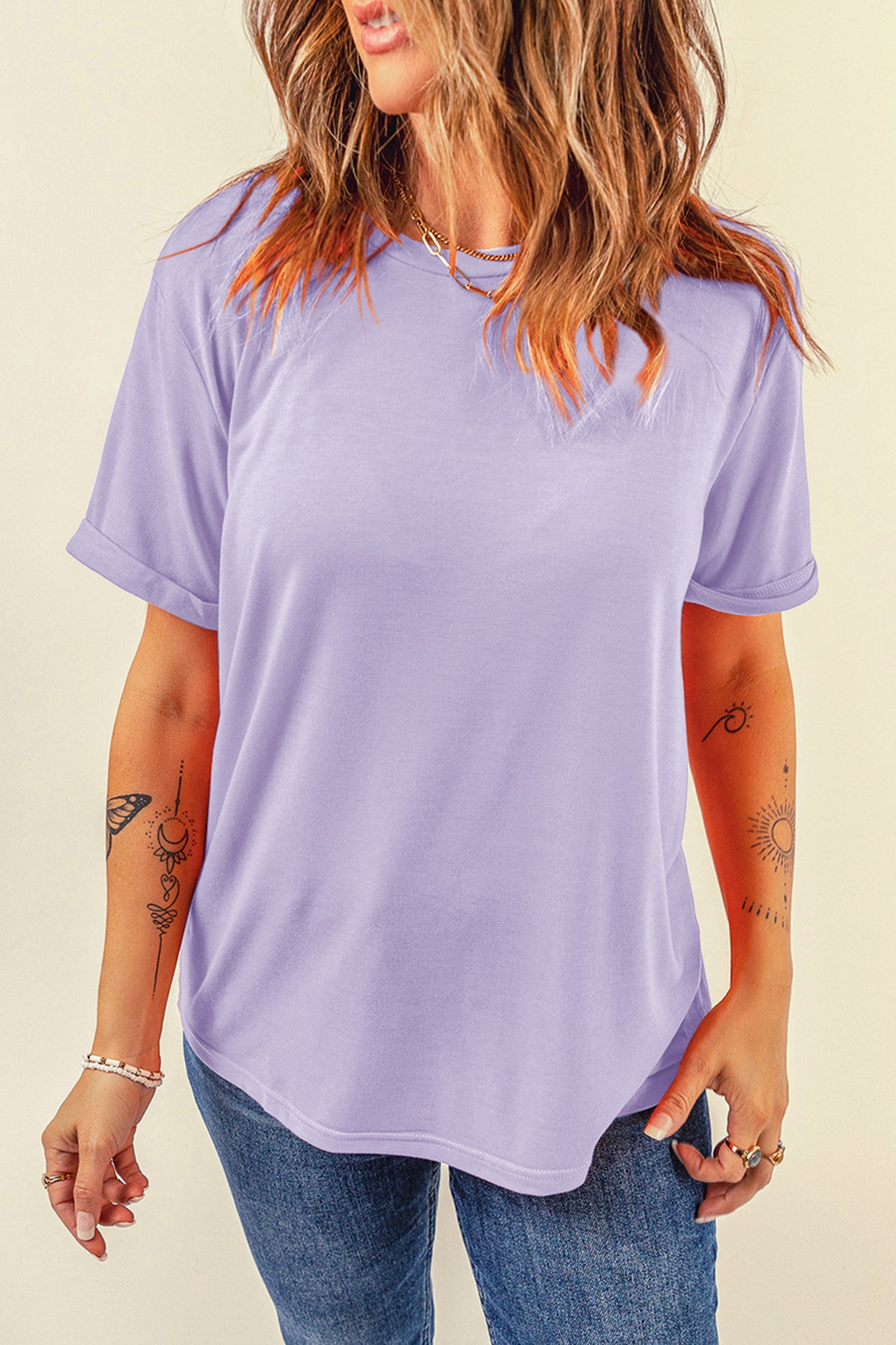 Orange Casual Plain Crew Neck Tee
