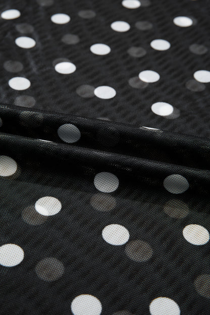 Black Polka Dot Printed High Neck Sheer Mesh Tee