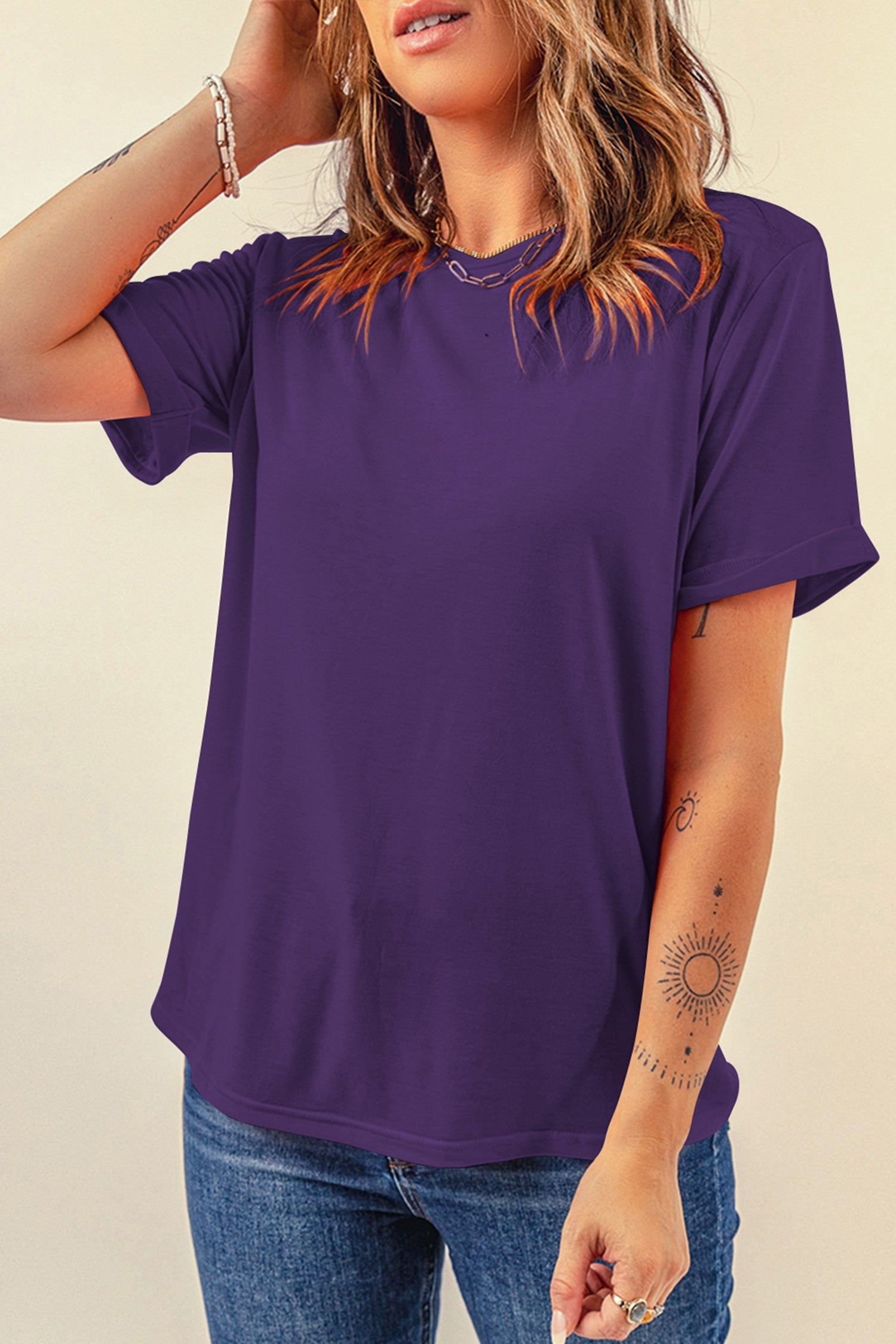 Orange Casual Plain Crew Neck Tee