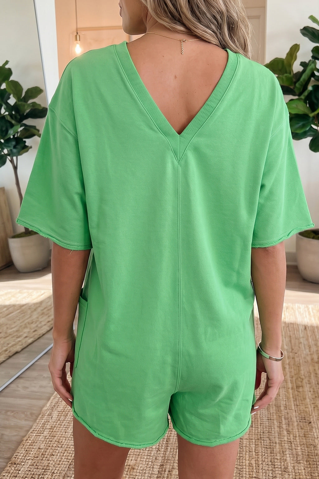 Pink Solid Color Raw Edge Half Sleeve Pocketed Loose Romper