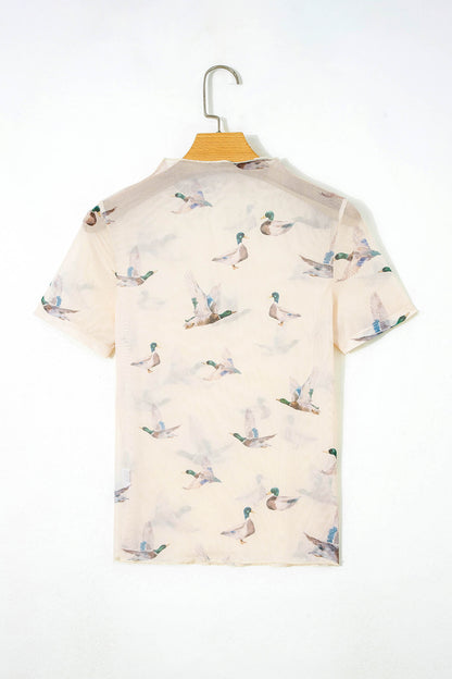Beige Mallard Sheer Mesh Short Sleeve Top